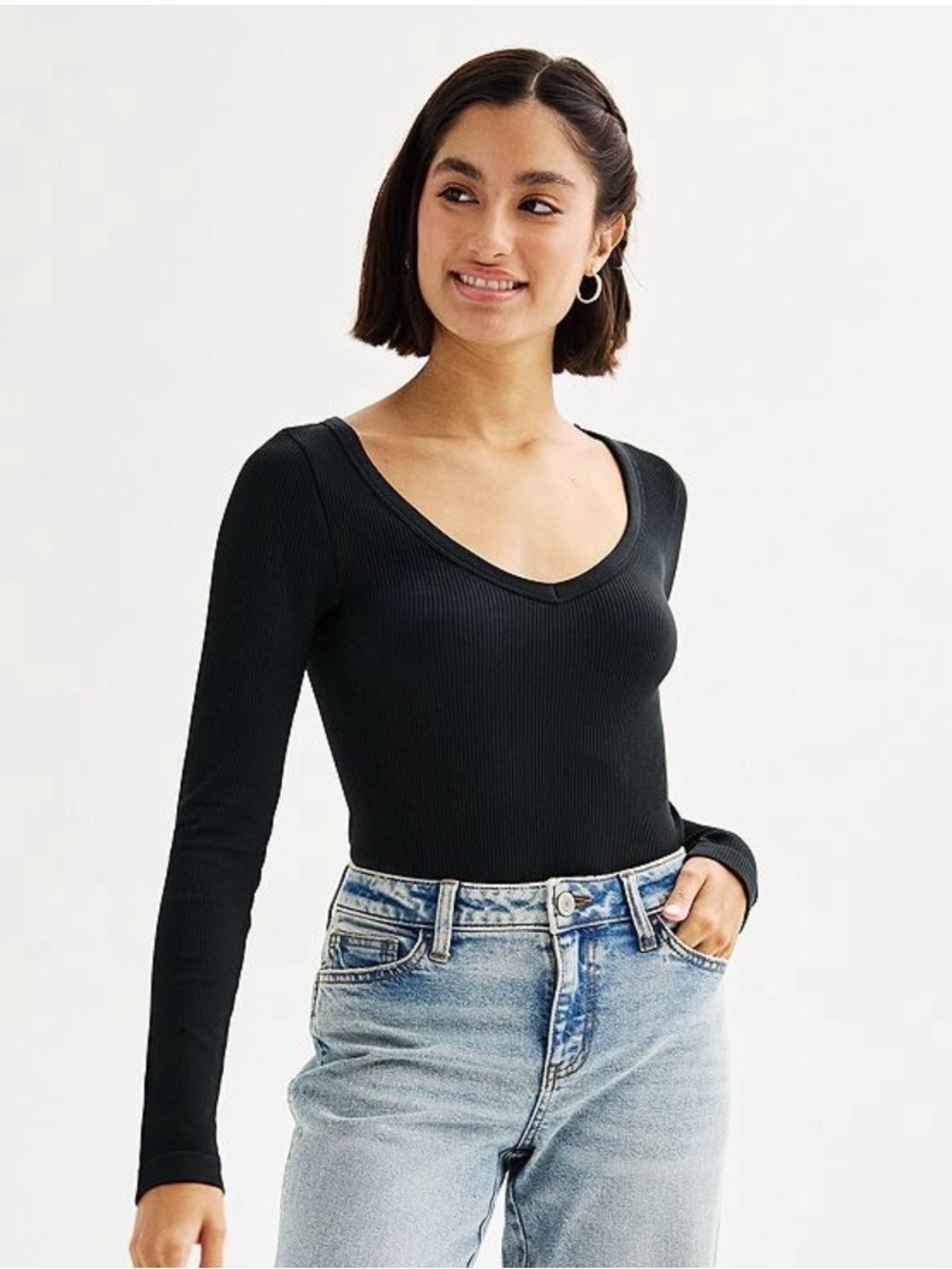 SO Black Ribbed Scoop Neck Long Sleeve Bodysuit